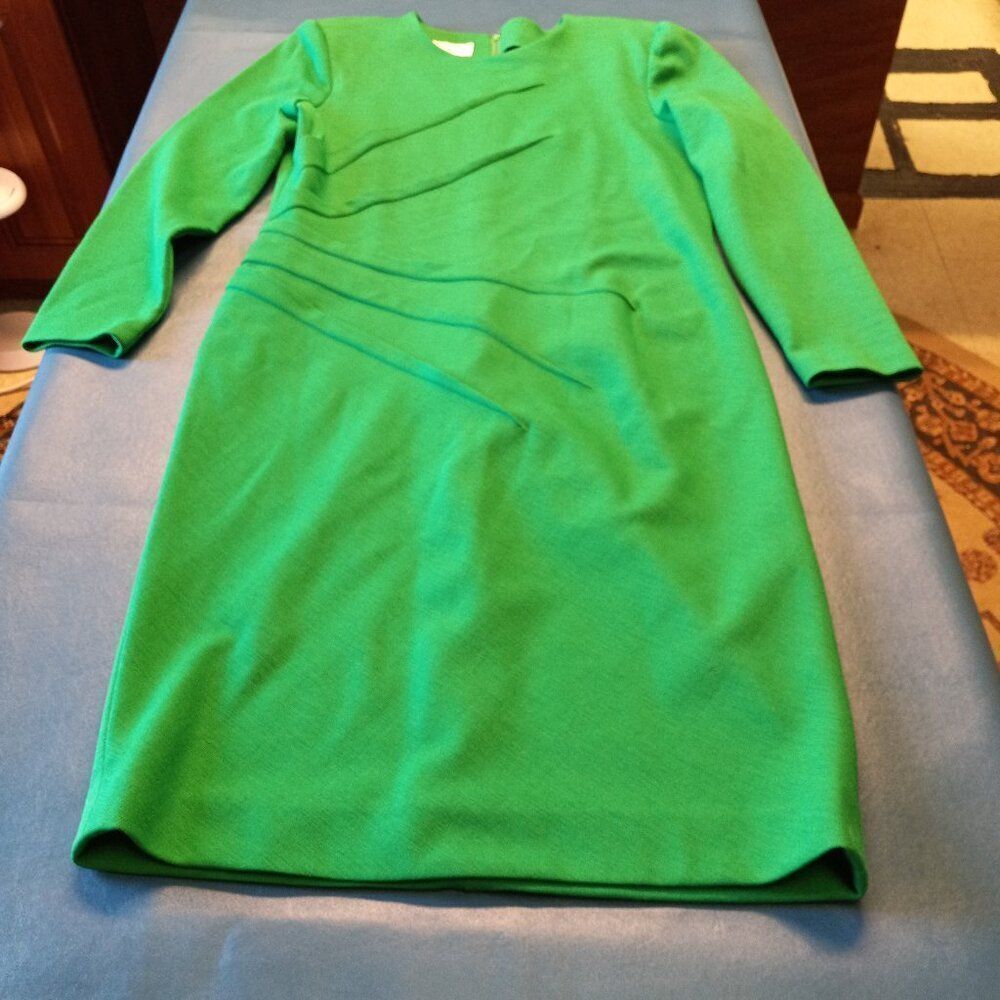 Vintage Albert Nipon Boutique Bold Green Long Sleeve Gathered Fitted Midi Dress